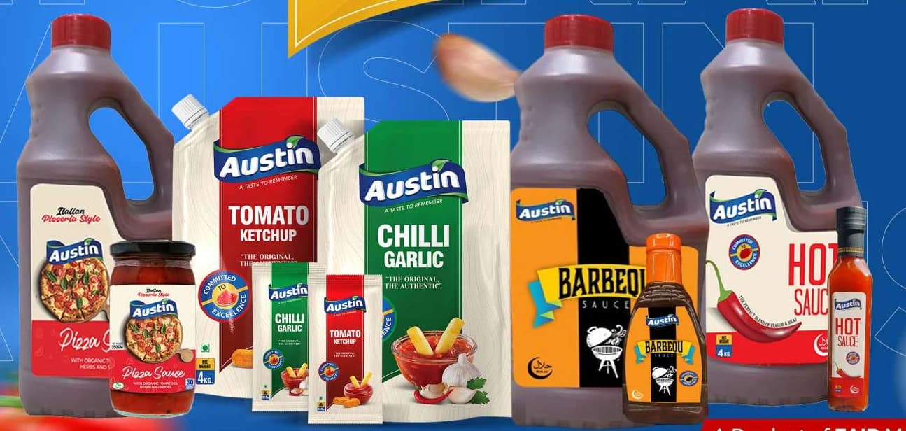 Austin pizza sauce, ketchup, chilli garlic, barbecue and hot sauce range