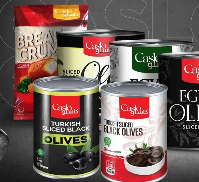 Caslo bread crumbs and tins of Egyptian and Turkish sliced olives